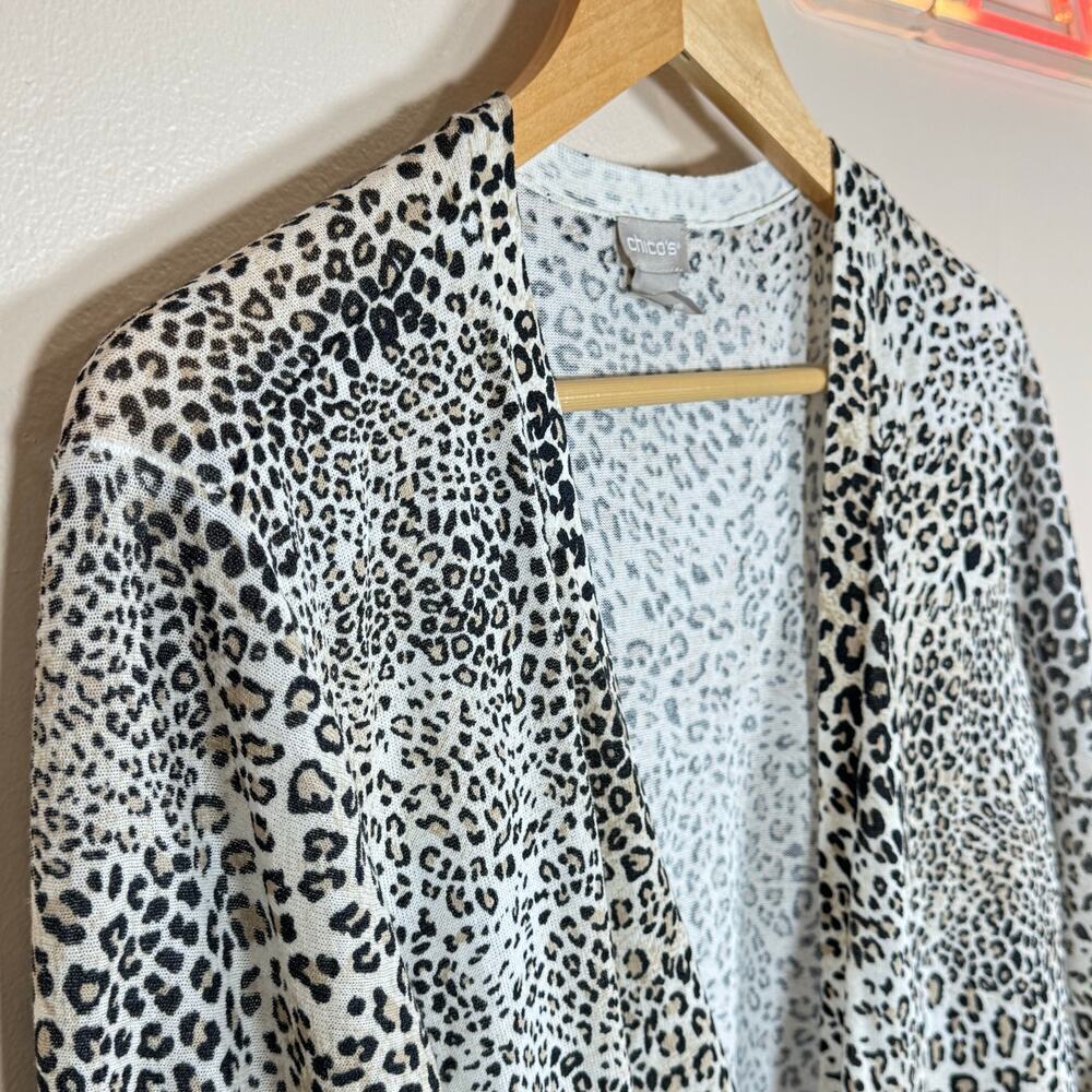 Chicos Open Front Cardigan Leopard Print Tie Sleeve Large Knit Lagenlook Classic - Picture 2 of 7